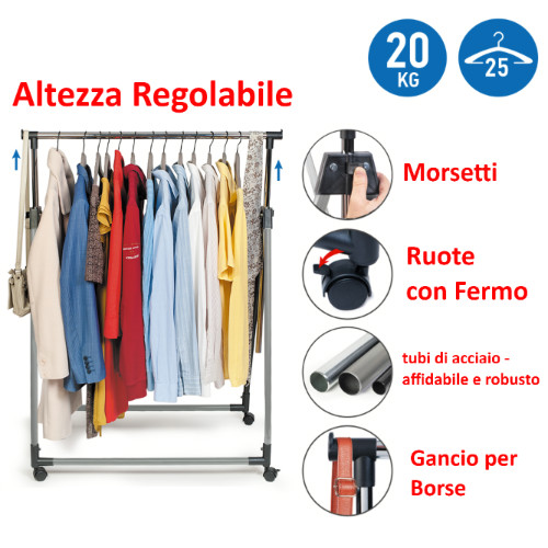 Stand Appendiabiti Pieghevole in Acciaio Cromato e Plastica 89 x 49 x 99-167 cm