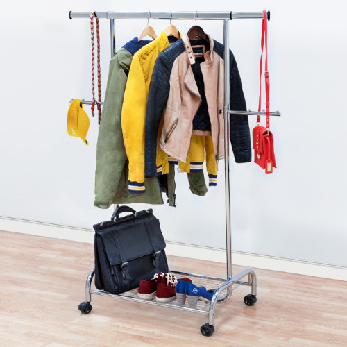 Stand Appendiabiti in Acciaio Cromato su Ruote con Ripiano per Scarpe L100-141 x A150 x P50 сm