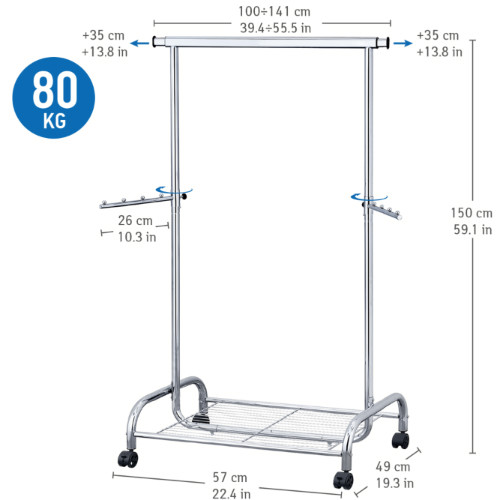 Stand Appendiabiti in Acciaio Cromato su Ruote con Ripiano per Scarpe L100-141 x A150 x P50 сm