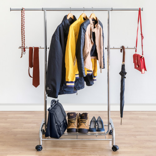 Stand Appendiabiti in Acciaio Cromato su Ruote con Ripiano per Scarpe L100-141 x A150 x P50 сm