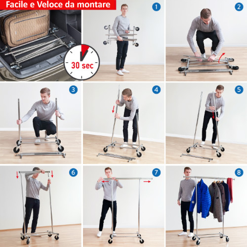 Stand appendiabiti pieghevole con ruote montaggio rapido in 1 Min e 100Kg di portata