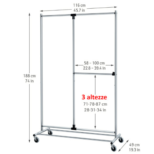 Robusto Stand Appendiabiti da Terra Barra Estensibile in Larghezza Finitura in Acciaio Cromato Lucida 116 x 49 x 188 cm