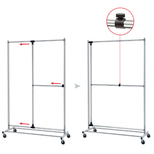 Robusto Stand Appendiabiti da Terra Barra Estensibile in Larghezza Finitura in Acciaio Cromato Lucida 116 x 49 x 188 cm