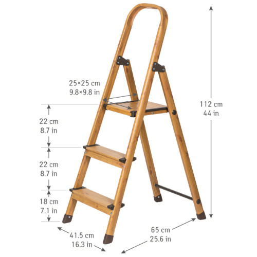 Scaletta Pieghevole Domestica in Alluminio color Legno a 3 Gradini Anti Scivolo Leggero e Robusto 42x65x112 cm