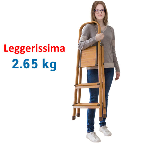Scaletta Pieghevole Domestica in Alluminio color Legno a 3 Gradini Anti Scivolo Leggero e Robusto 42x65x112 cm