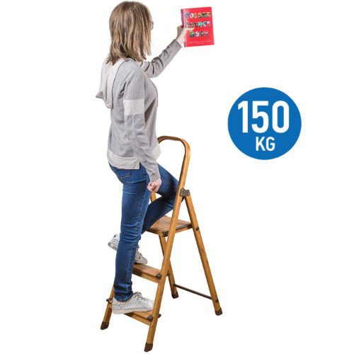 Scaletta Pieghevole Domestica in Alluminio color Legno a 3 Gradini Anti Scivolo Leggero e Robusto 42x65x112 cm