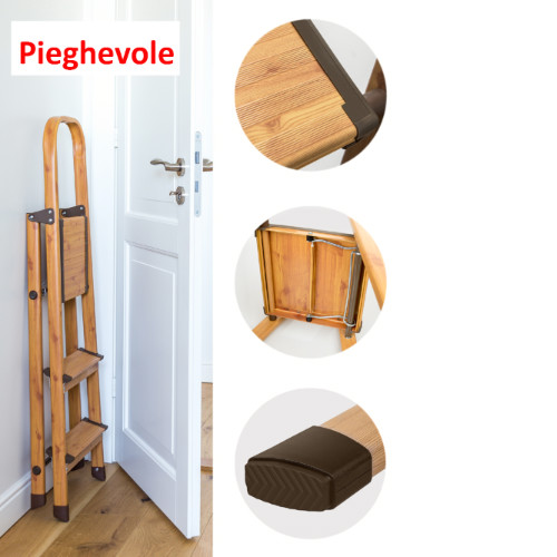 Scaletta Pieghevole Domestica in Alluminio color Legno a 3 Gradini Anti Scivolo Leggero e Robusto 42x65x112 cm