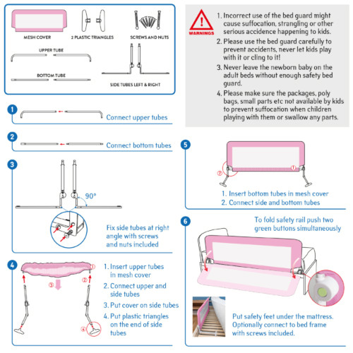 Barriera Letto per bambini Pieghevole Rosa in Acciaio Poliestere Plastica 120X47X65cm