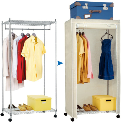 Armadio in tessuto Stand appendiabiti con ripiano superiore e alla base su ruote con protezione antipolvere in tessuto H150 x L75 x P45 cm