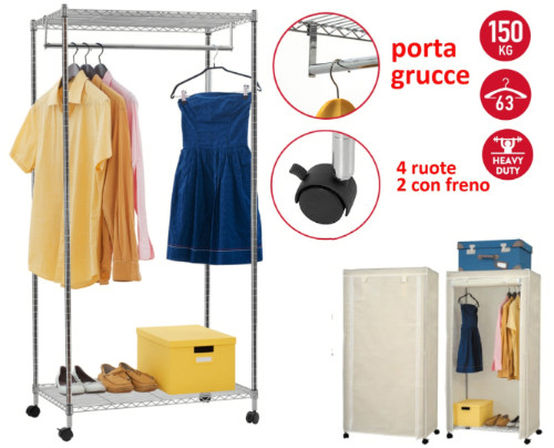 Armadio in tessuto Stand appendiabiti con ripiano superiore e alla base su ruote con protezione antipolvere in tessuto H150 x L75 x P45 cm