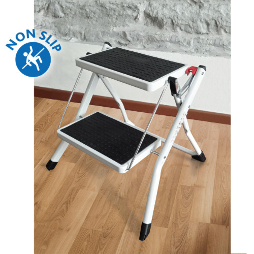 Scaletta Pieghevole Compatta 2 Gradini Antiscivoli Acciaio Verniciato a Polvere 50x49x45cm