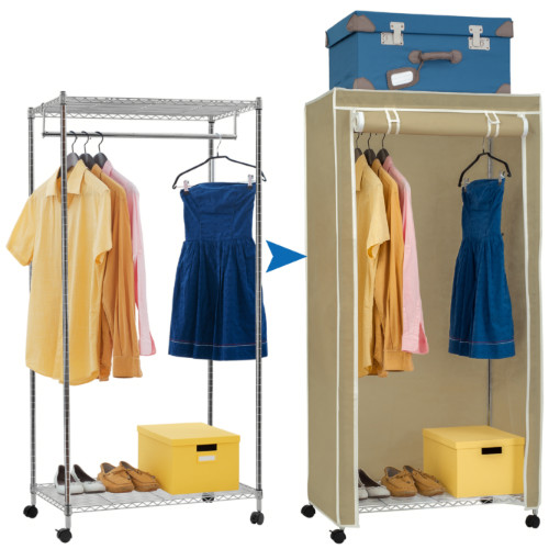 Cabina armadio in tessuto appendiabiti con ripiano superiore e alla base su ruote con protezione antipolvere in tessuto H150 x L75 x P45 cm