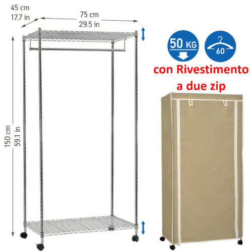 Cabina armadio in tessuto appendiabiti con ripiano superiore e alla base su ruote con protezione antipolvere in tessuto H150 x L75 x P45 cm