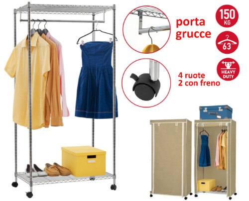 Cabina armadio in tessuto appendiabiti con ripiano superiore e alla base su ruote con protezione antipolvere in tessuto H150 x L75 x P45 cm