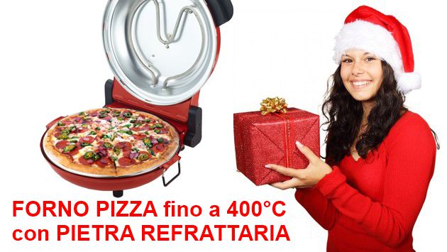 Forno PIZZA Elettrico cuoce le pizze in 5 minuti con una temperatura che raggiunge i 400 gradi grazie alla doppia resistenza ad alta efficienza. Timer 15 minuti, Temperatura Regolabile, Pietra refrattaria NERA.