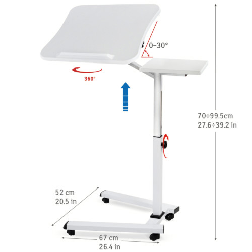 Tavolo Porta Laptop su Ruote Bianco Regolabile in Altezza con Piattaforma per Mouse 67x52x70 cm