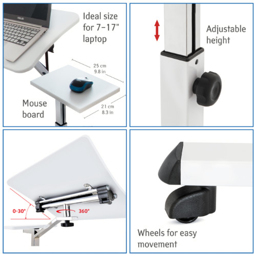 Tavolo Porta Laptop su Ruote Bianco Regolabile in Altezza con Piattaforma per Mouse 67x52x70 cm