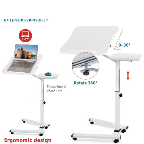 Tavolo Porta Laptop su Ruote Bianco Regolabile in Altezza con Piattaforma per Mouse 67x52x70 cm