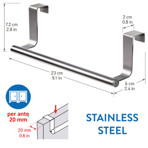 Portasciugamani in Acciaio Inox da Appendere Sopra la Porta 23X7X6 cm