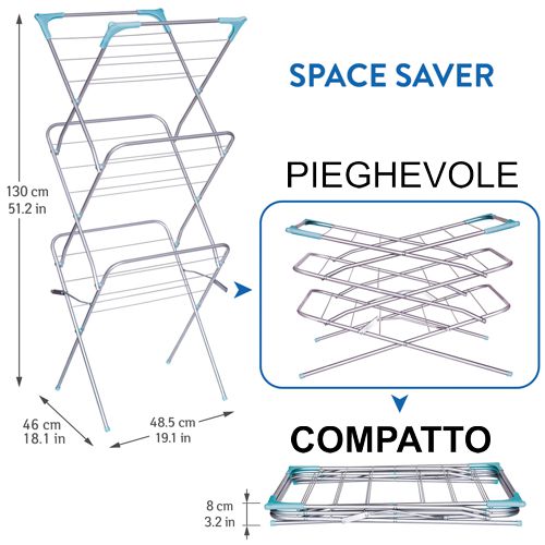 Stendibiancheria pieghevole Antiruggine a Tre Livelli 485 x 1300 x 460 mm Ideale per BOX DOCCIA