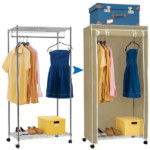 Cabina armadio in tessuto appendiabiti con ripiano superiore e alla base su ruote con protezione antipolvere in tessuto H150 x L75 x P45 cm