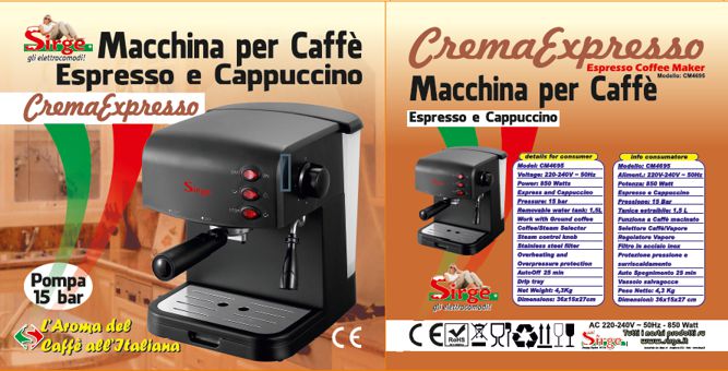 Sirge CREMAEXPRESSO Macchina per Caffè Espresso e Cappuccino Manuale Pompa Italiana 15 bar 