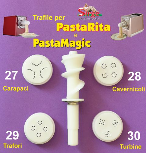 Confezione speciale PROMO2 PastaMagic e PastaRita per gruppo facebook Macchine della Pasta Sirge: 4 Trafile per estrusione orizzontale + Elica senza fine Sirge